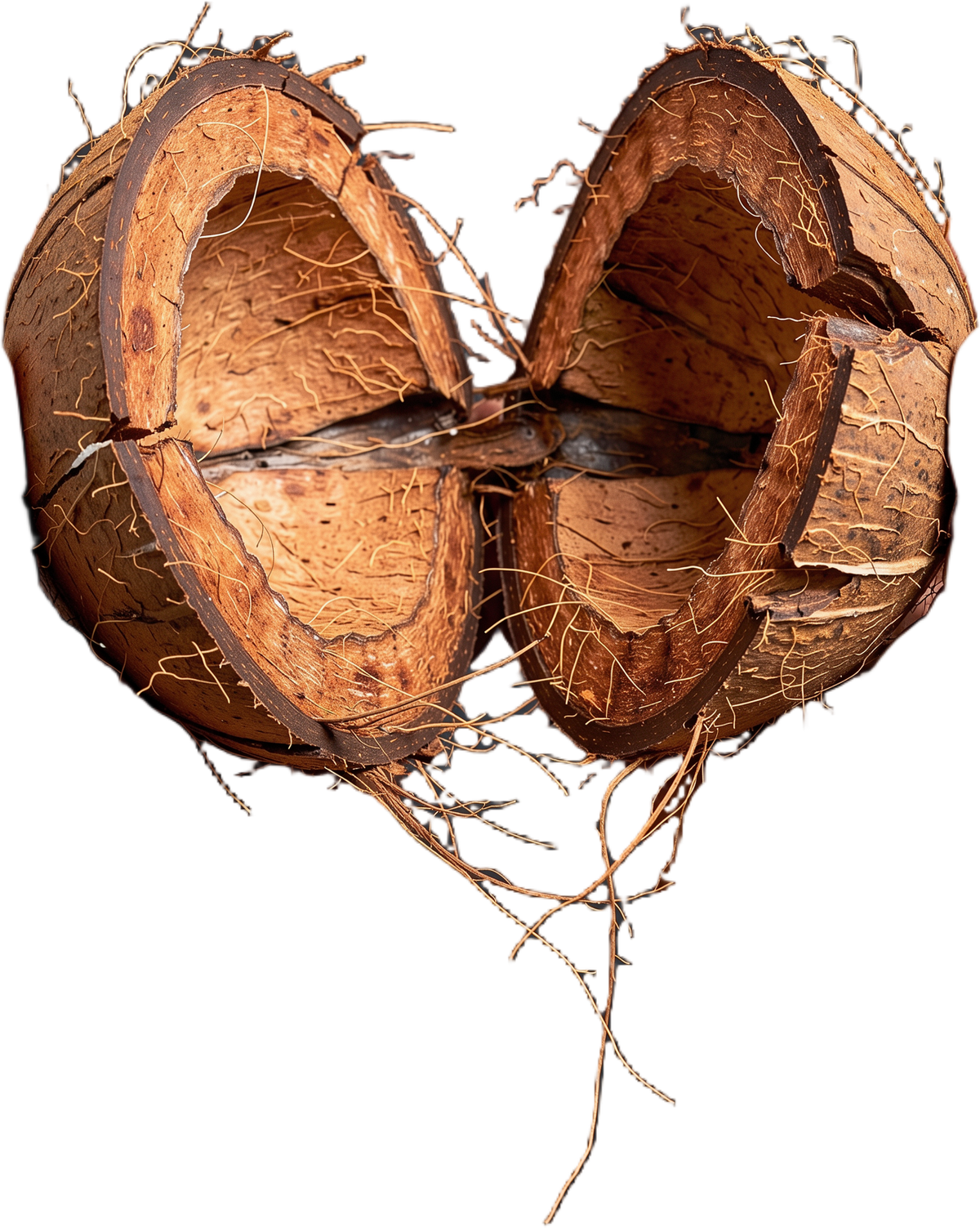 A split coconut husk showing the coir fibre inside