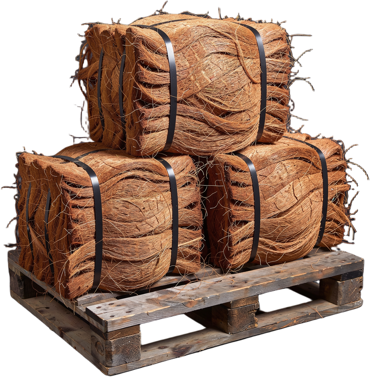Three strapped coir fibre bales on an export pallet