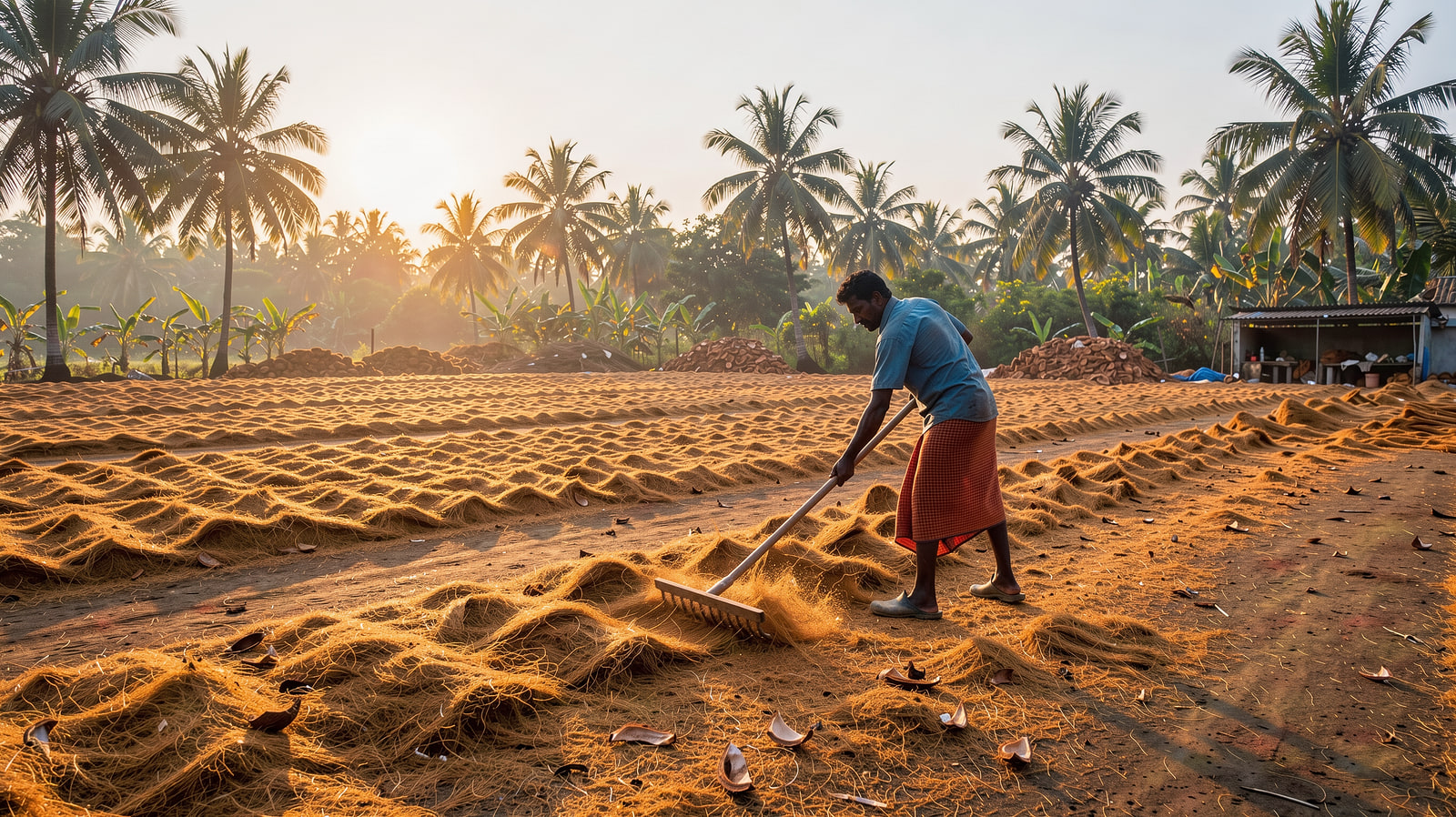 Dry: Fibre and pith dry on open yards under the southern sun, turned by hand until moisture falls under the grade.