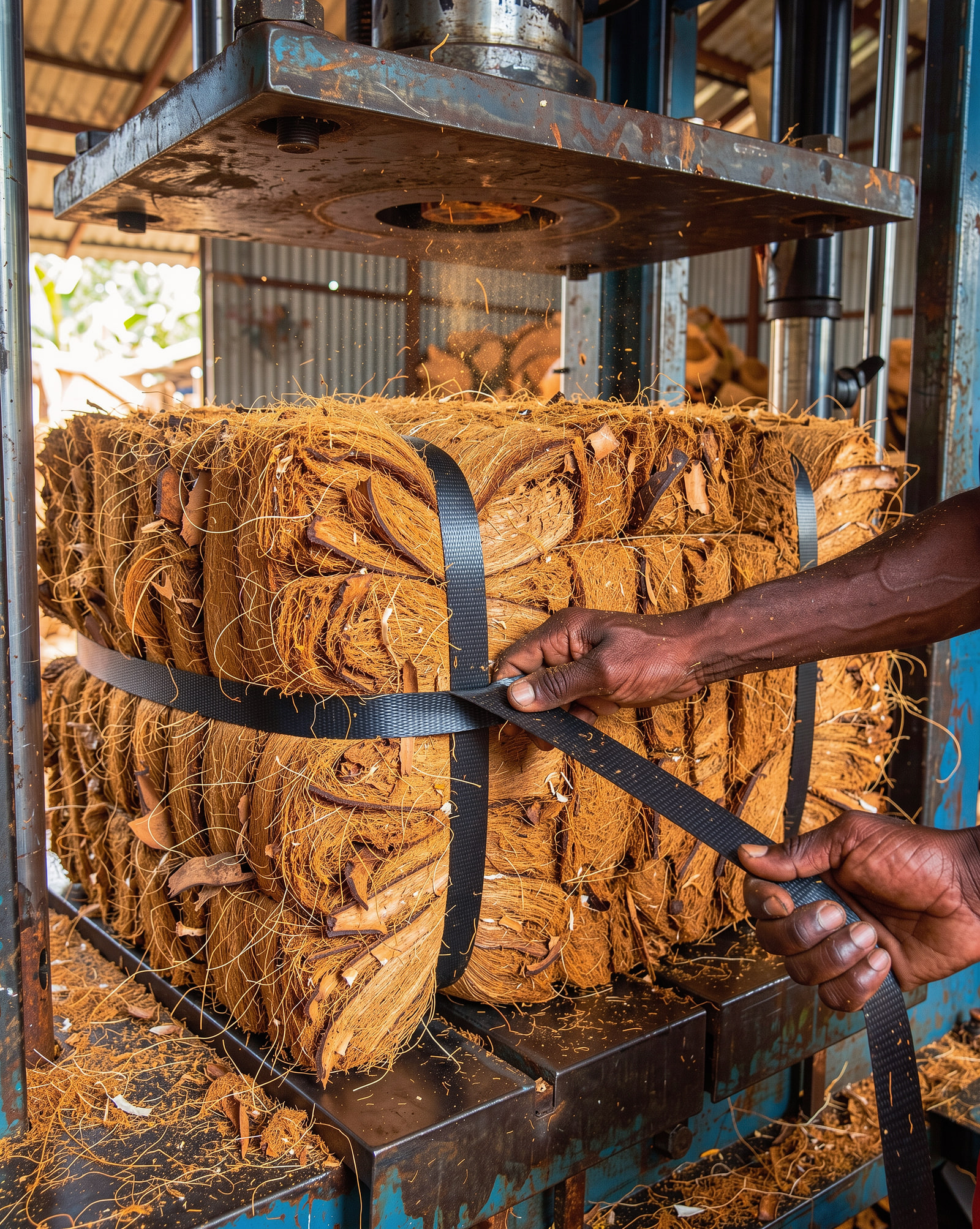 Hands strapping a freshly pressed coir bale