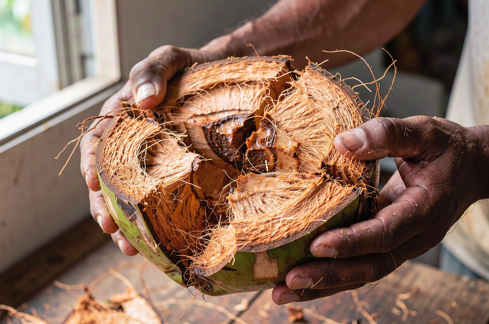 Husk: Mature husks arrive from the coconut triangle and the southern estates. Fresh husk gives longer, brighter fibre.